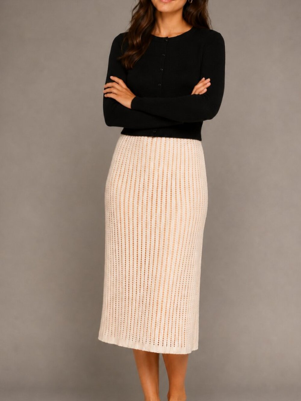 NWT Sadie & Sage Crochet Knit Midi Skirt in Ivory Cream, Size L